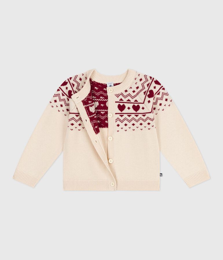Children's cotton and wool patterned jacquard cardigan Ecru/red