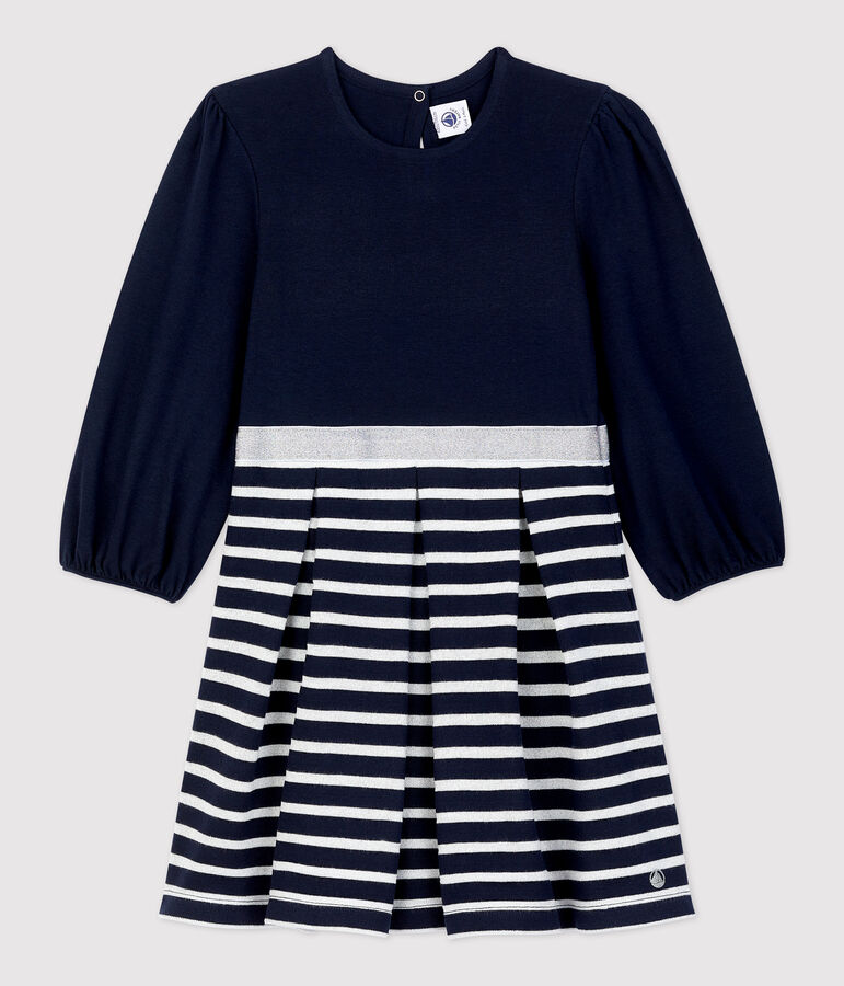 Girls' Long-Sleeved Cotton Dress SMOKING blue/MARSHMALLOW ARGENT BRILLANT
