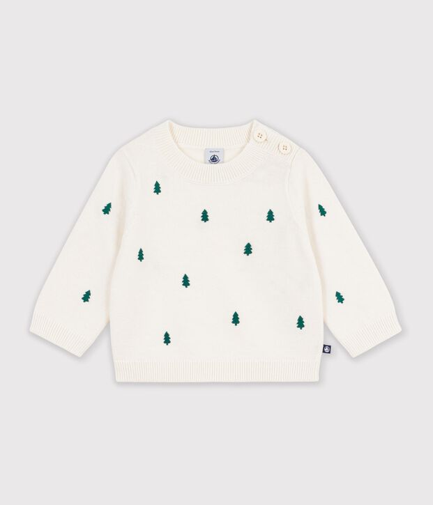Babies' jumper in wool and cotton with embroidered bunny rabbits Ecru/green