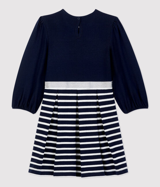 Girls' Long-Sleeved Cotton Dress SMOKING blue/MARSHMALLOW ARGENT BRILLANT