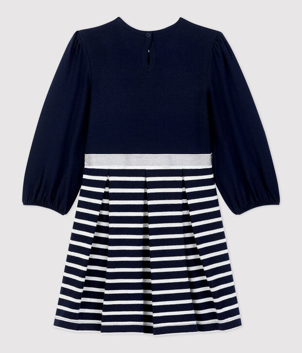 Girls' Long-Sleeved Cotton Dress blue/MARSHMALLOW ARGENT BRILLANT