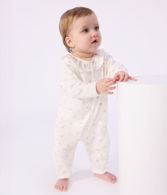 Babies' footless openwork floral-print cotton pyjama suit MARSHMALLOW white/MULTICO white