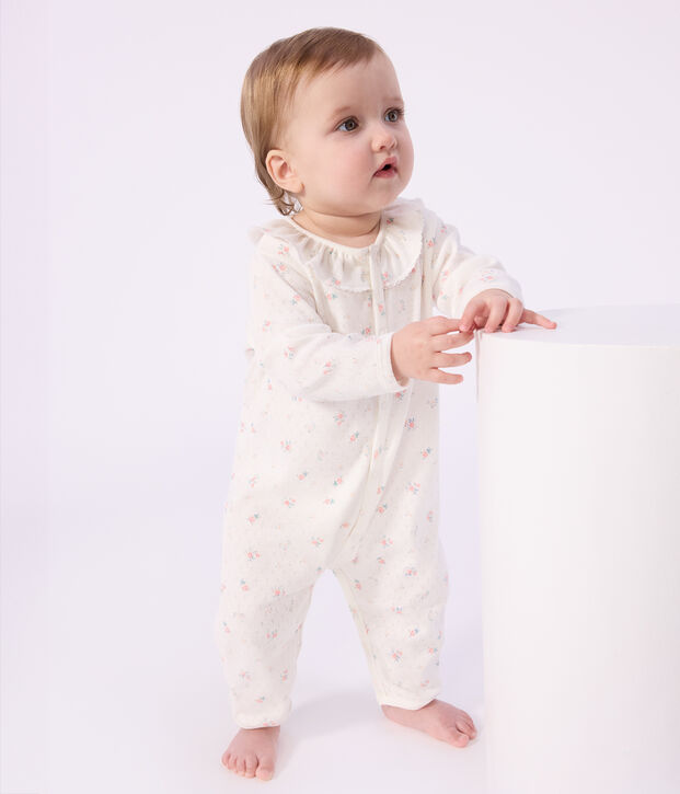 Babies' footless openwork floral-print cotton pyjama suit white/multicolor