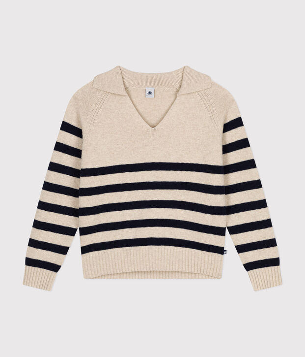 Women's wool and cotton jumper Ecru/blue