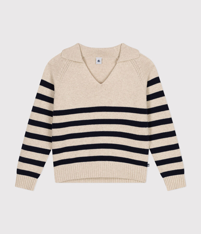 Women's wool and cotton jumper Ecru/blue