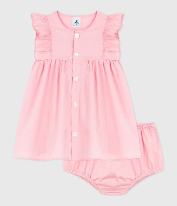 Plain cotton baby dress and bloomers pink