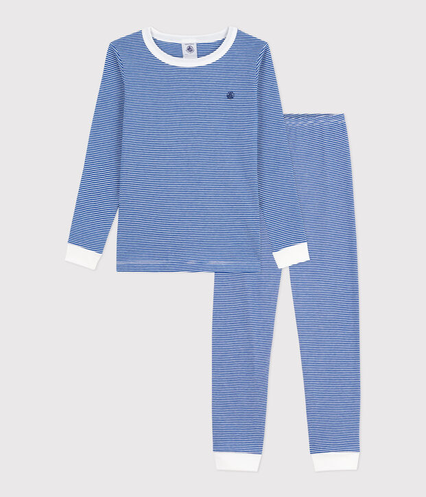 Children's stripy cotton pyjamas with snug-fitting legs blue/white