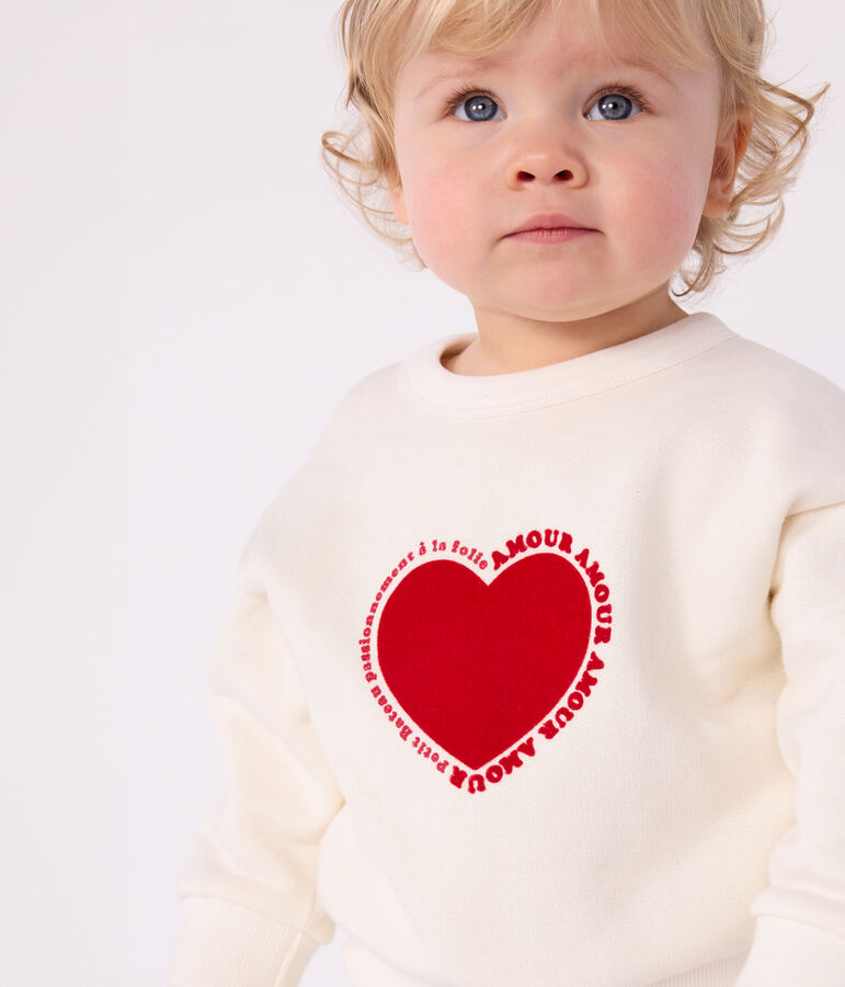 Babies' heart patterned cotton sweatshirt Ecru