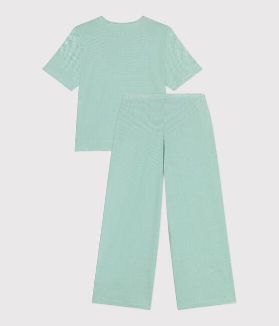Women's wide-leg stripy cotton pyjamas ALOEVERA green/MARSHMALLOW white