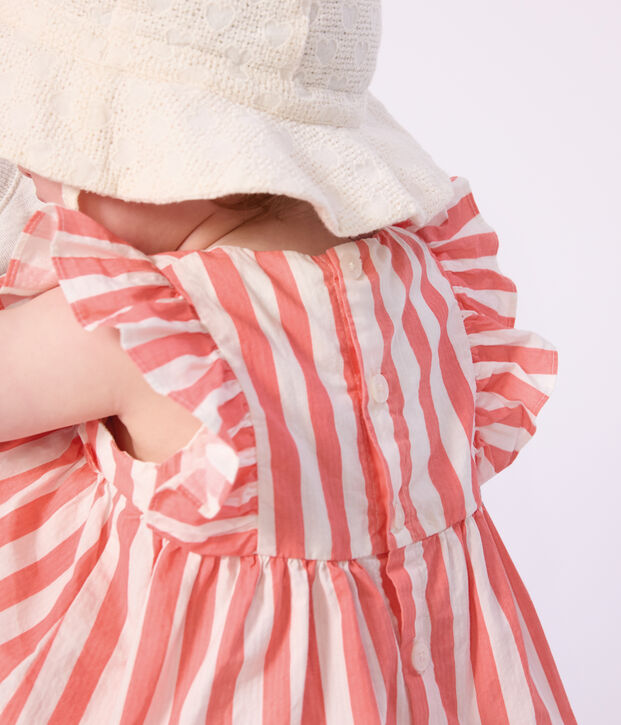 Babies' sleeveless cotton dress with stripy bloomers pink/white