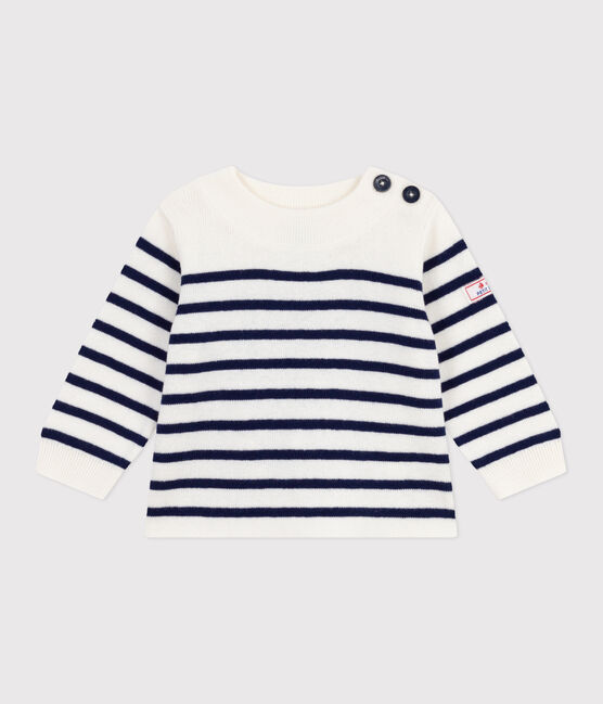 Babies' stripy wool and cotton sailor-style jumper MARSHMALLOW blue/SOIR