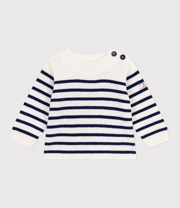 Babies' stripy wool and cotton sailor-style jumper blue/blue