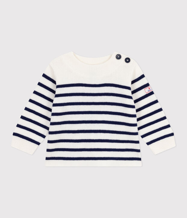 Babies' stripy wool and cotton sailor-style jumper blue/blue