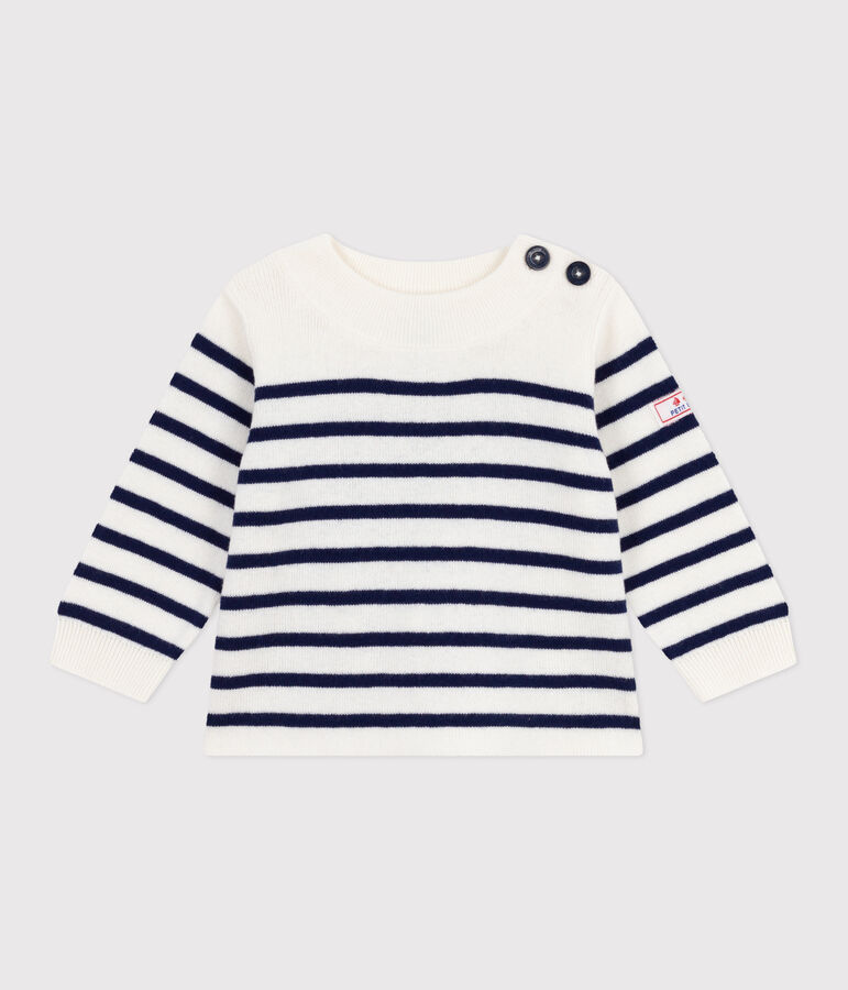 Babies' stripy wool and cotton sailor-style jumper white/blue