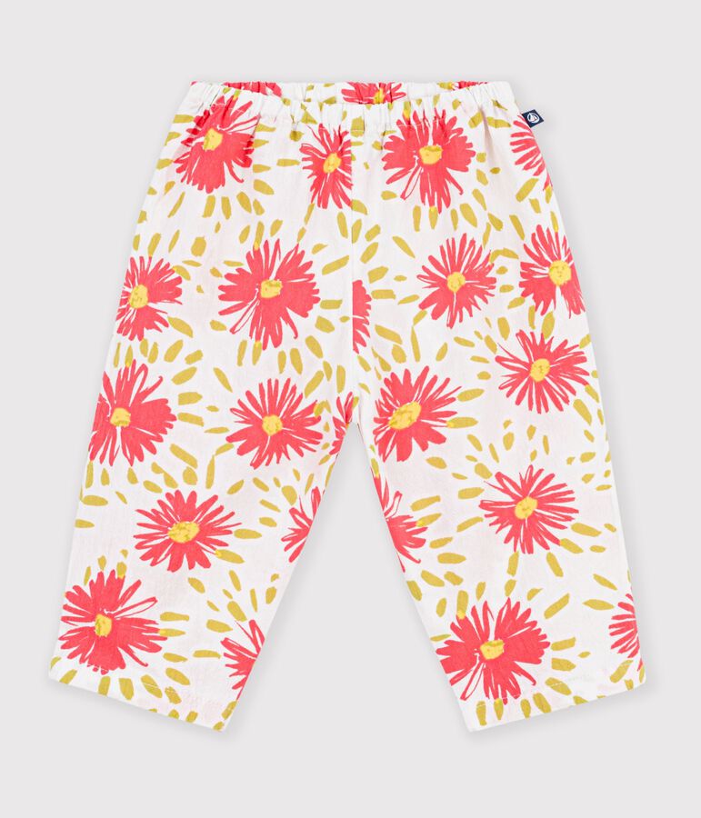 Babies' flower-print cotton trousers white/multicolor