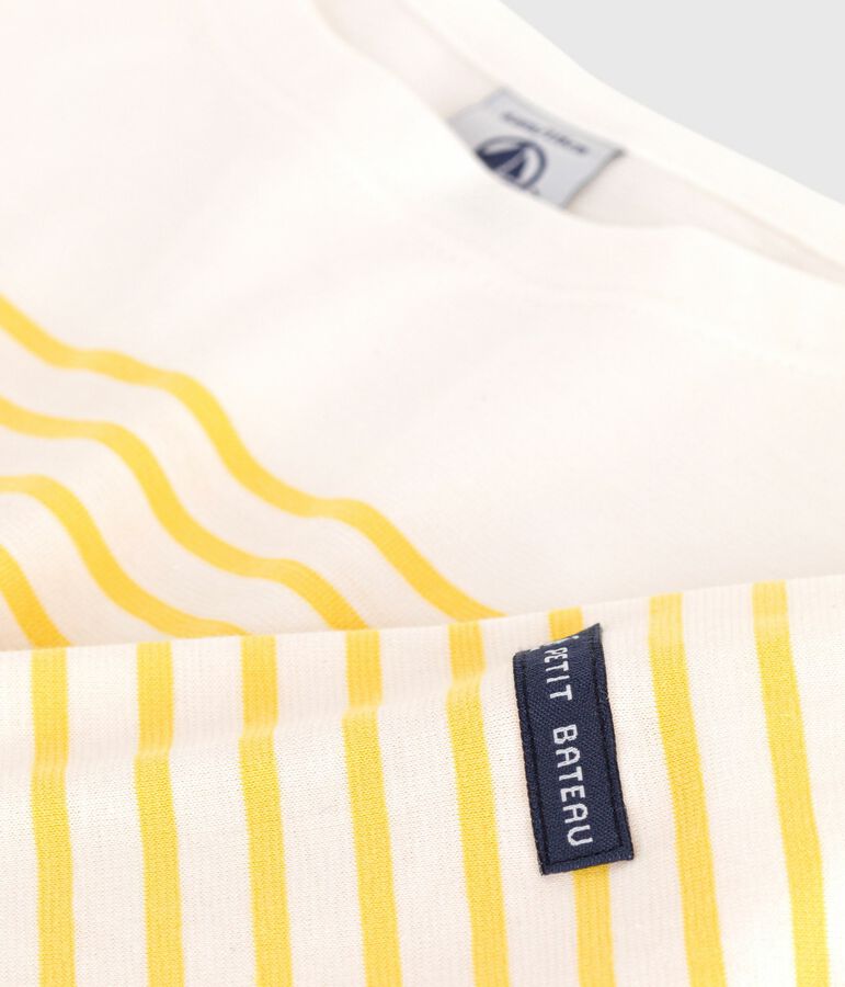 Children's long-sleeved cotton Breton T-shirt MARSHMALLOW white/ORGE