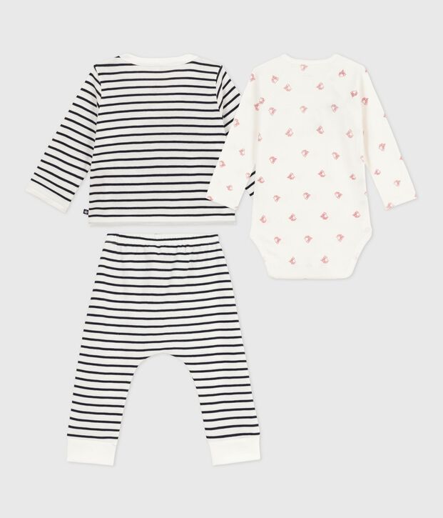 Babies' 3-piece set with a Breton top and a body printed with boats white/blue