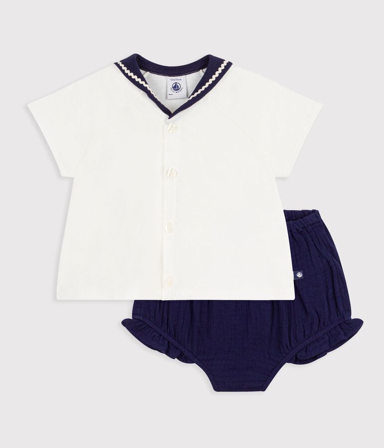 ifBabies' 2-piece cotton outfit, the T-shirt top has a sailor collar multicolor