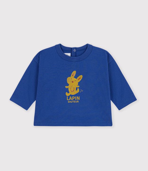 Babies' long-sleeved plain cotton T-shirt with a motif blue