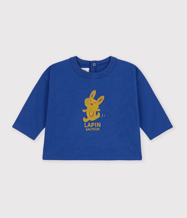 Babies' long-sleeved plain cotton T-shirt with a motif blue
