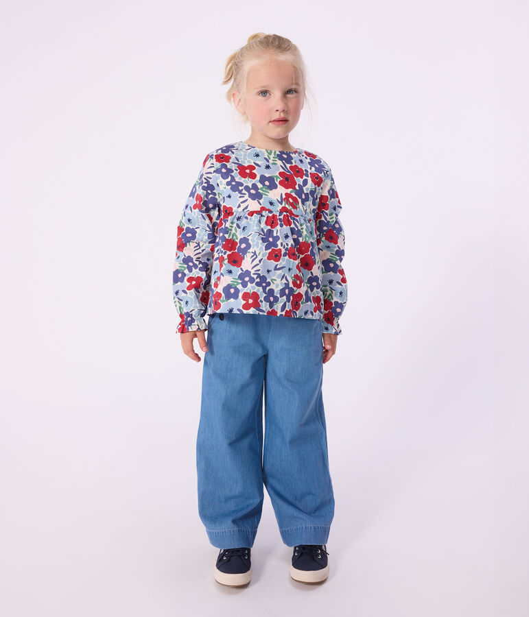 Children's long-sleeved floral print cotton blouse white/multicolor