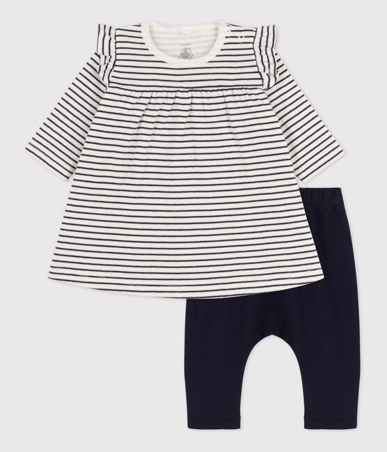 Babies' Sailor Striped Cotton Tube Knit Dress with Leggings MARSHMALLOW white/SMOKING blue