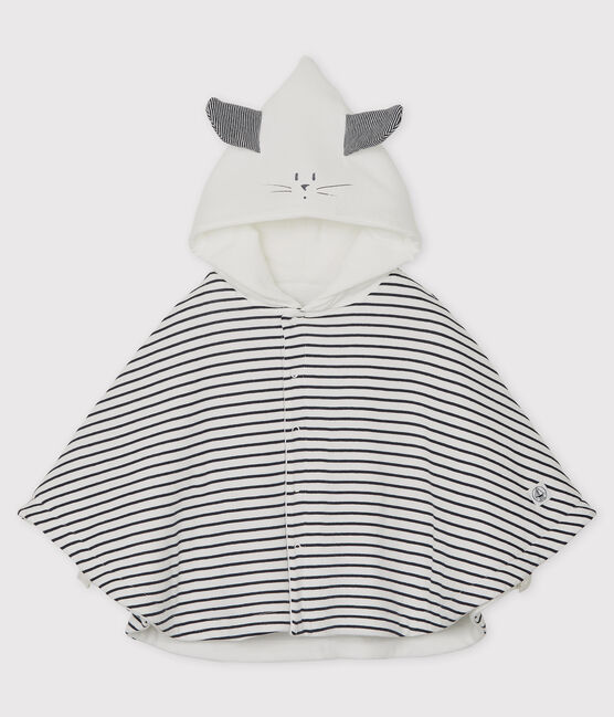 Babies' Stripy Organic Cotton Hooded Cape MARSHMALLOW white/SMOKING blue
