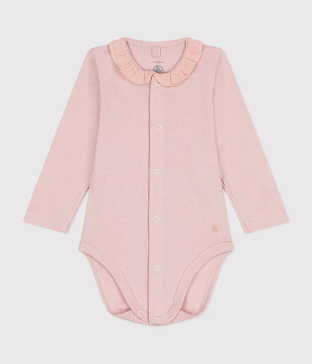 Babies' Long-Sleeved Cotton Bodysuit With Ruffle Collar pink