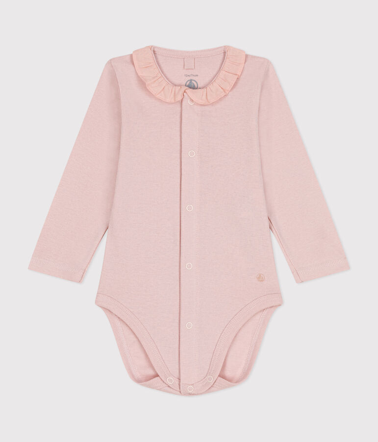 Babies' Long-Sleeved Cotton Bodysuit With Ruffle Collar pink