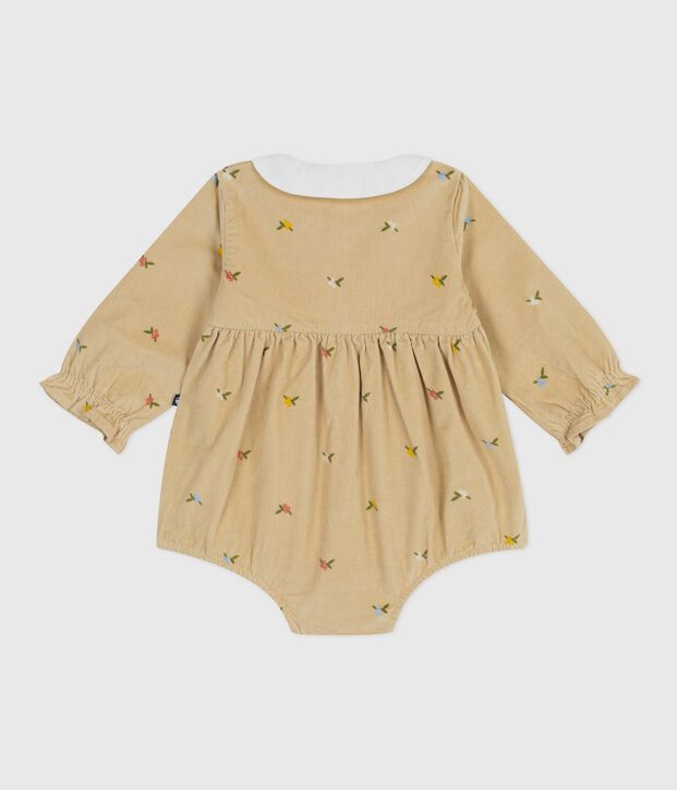 Babies' short playsuit in floral-print corduroy beige/multicolor