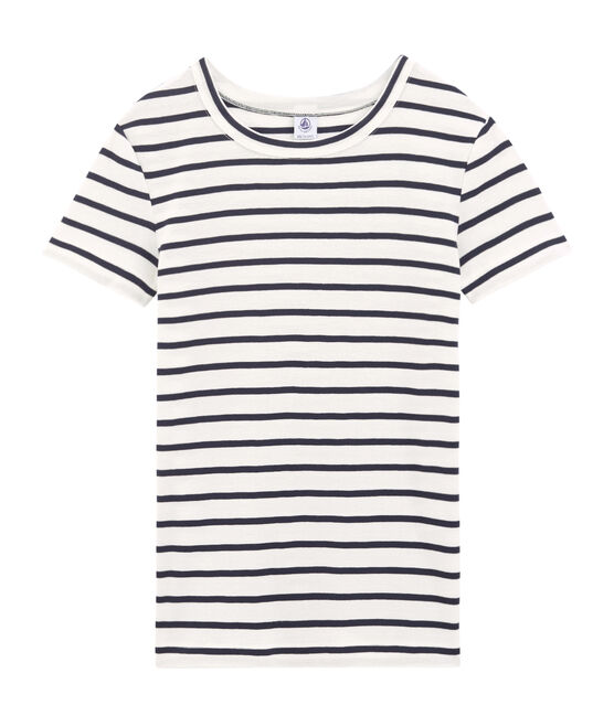 Women's short-sleeved crew neck iconic t-shirt MARSHMALLOW white/SMOKING blue