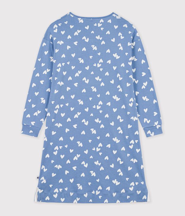 Women's cotton nightdress with a grandad neckline and a heart print blue/white