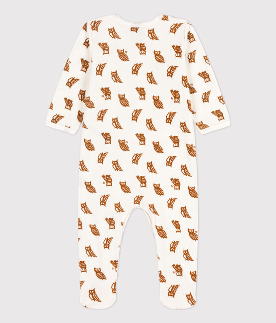 Babies' Owl Patterned Velour Sleepsuit MARSHMALLOW white/ECUREUIL
