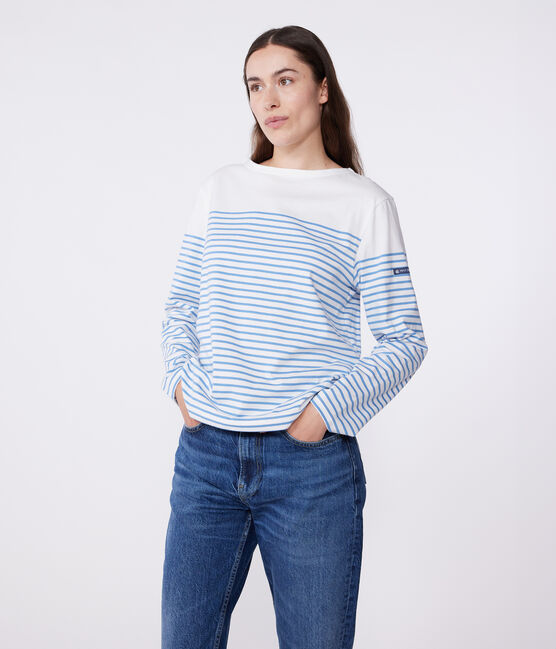Women's long-sleeved cotton Breton t-shirt MARSHMALLOW white/ALASKA blue