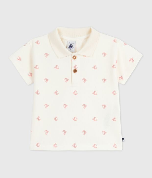 Babies' short-sleeved cotton polo shirt printed with vintage boats red/red