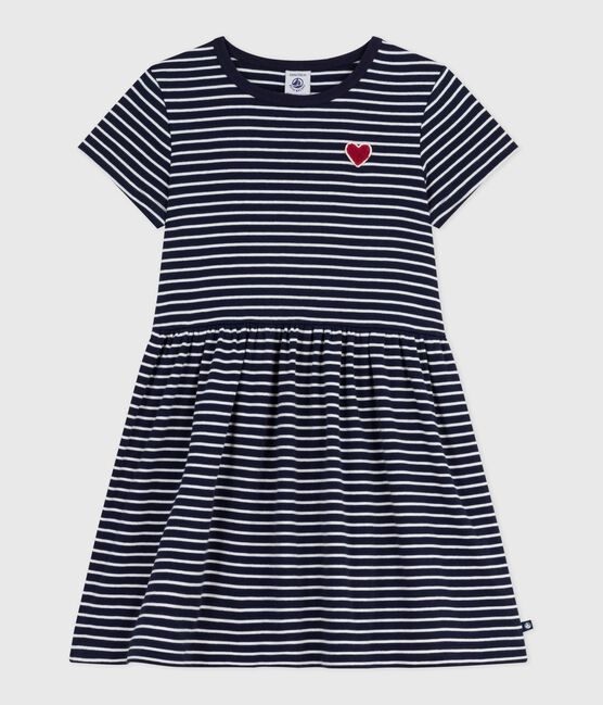 Children's short-sleeved stripy cotton dress SMOKING blue/MARSHMALLOW white