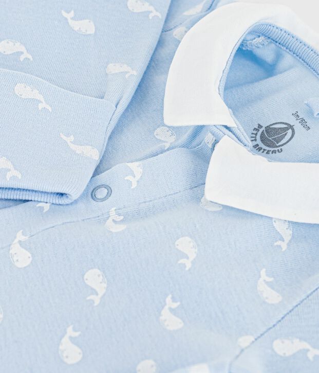 Babies' whale print cotton pyjama suit with a collar blue/white