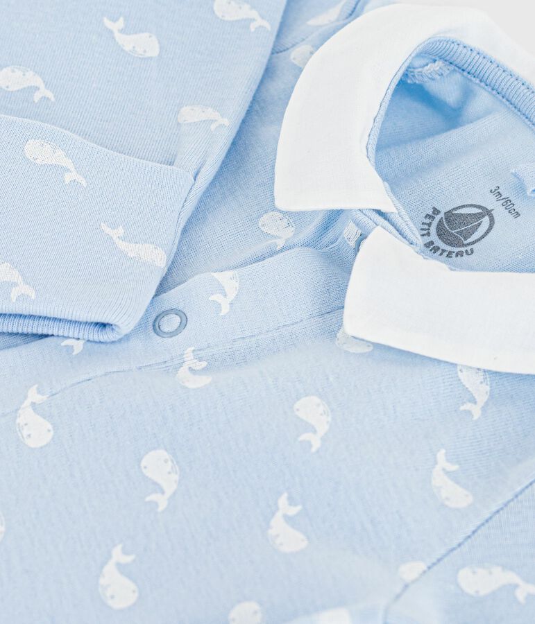 Babies' whale print cotton pyjama suit with a collar blue/white