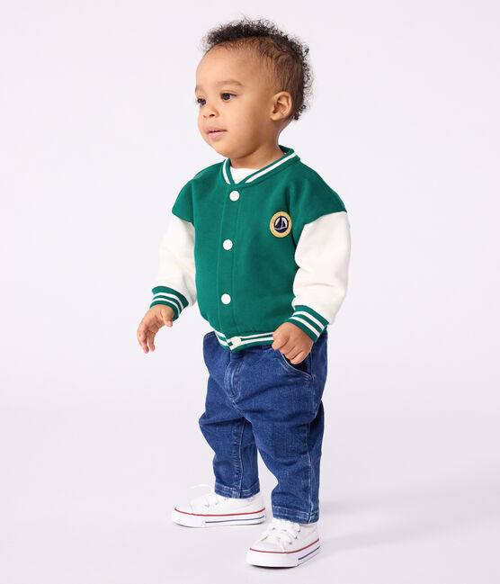 Babies' varsity-style cotton jacket in two colours EVERGREEN green/MILK