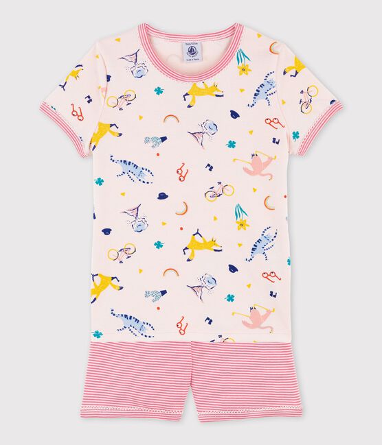 Girls' Yoga Animal Pattern Short Cotton Pyjamas FLEUR pink/MULTICO white