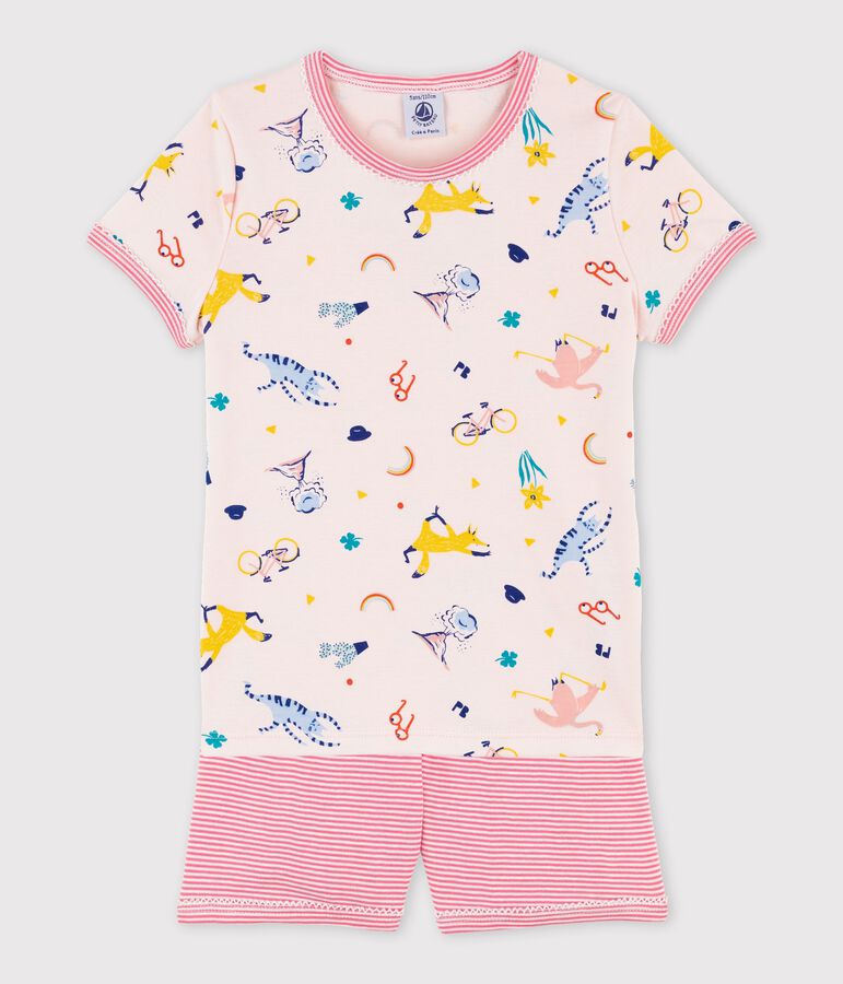 Girls' Yoga Animal Pattern Short Cotton Pyjamas FLEUR pink/MULTICO white