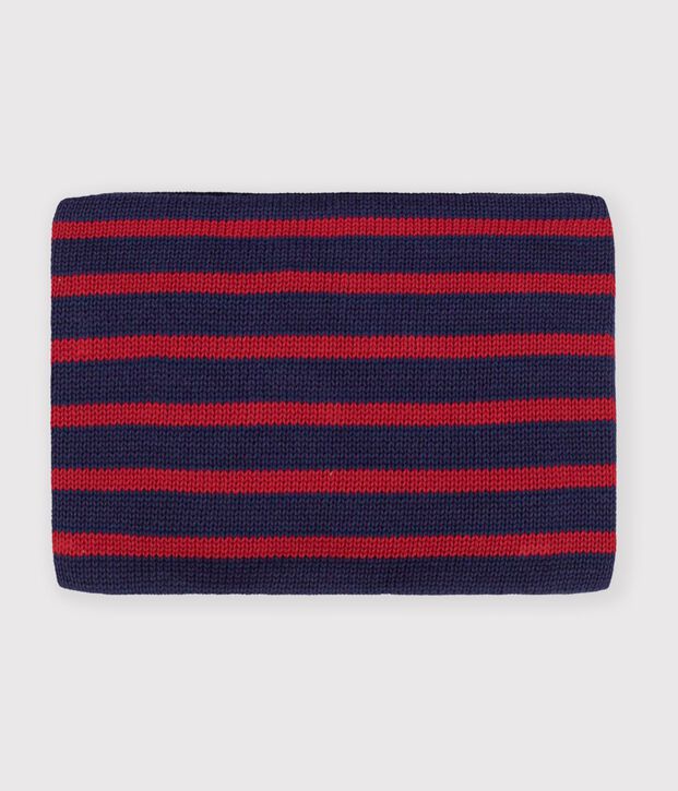 Children's stripy fleece-lined knitted snood blue/red