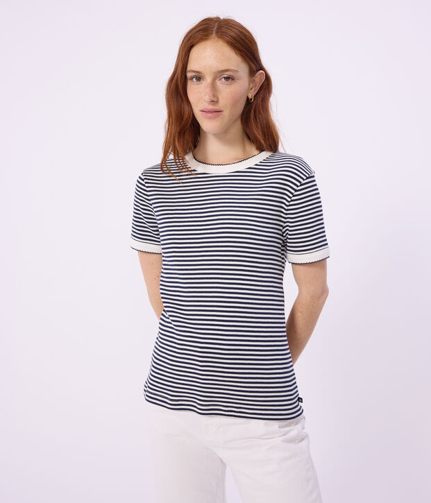 Women's short-sleeved stripy cotton T-shirt blue/white