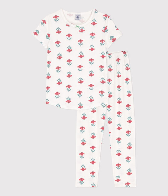 Girls' Floral Short-Sleeved Cotton Pyjamas MARSHMALLOW white/MULTICO white