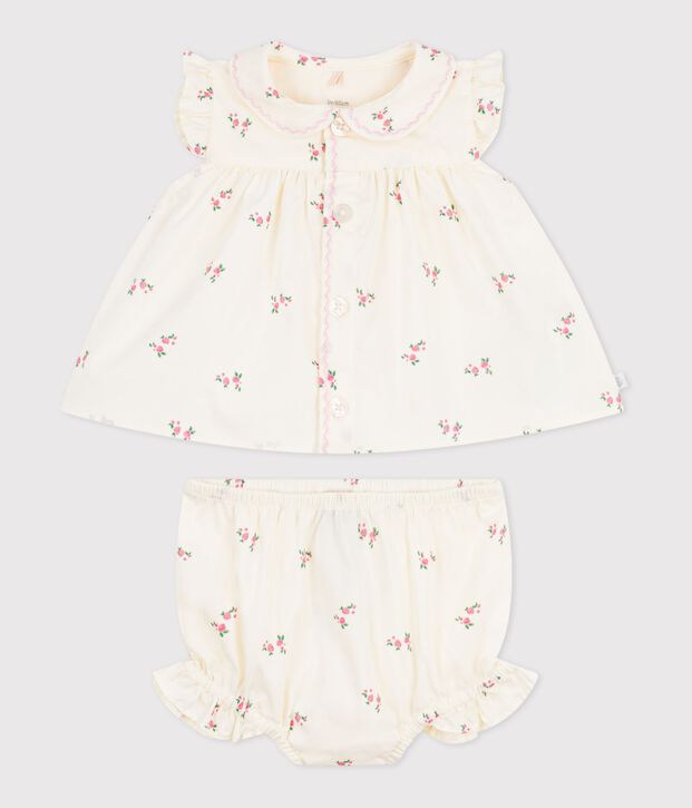 Babies' 2-piece cotton outfit, comprising  blouse and bloomers with a floral print Ecru/multicolor