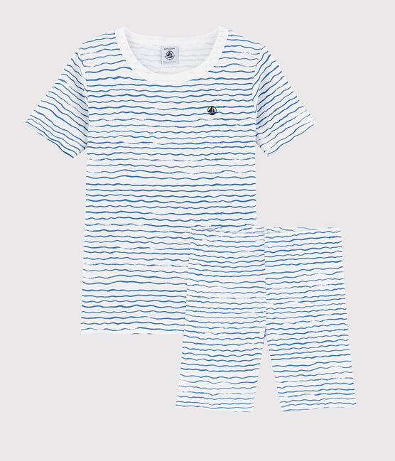 Boys' Snugfit Wave Print Cotton Short Pyjamas MARSHMALLOW white/COOL blue