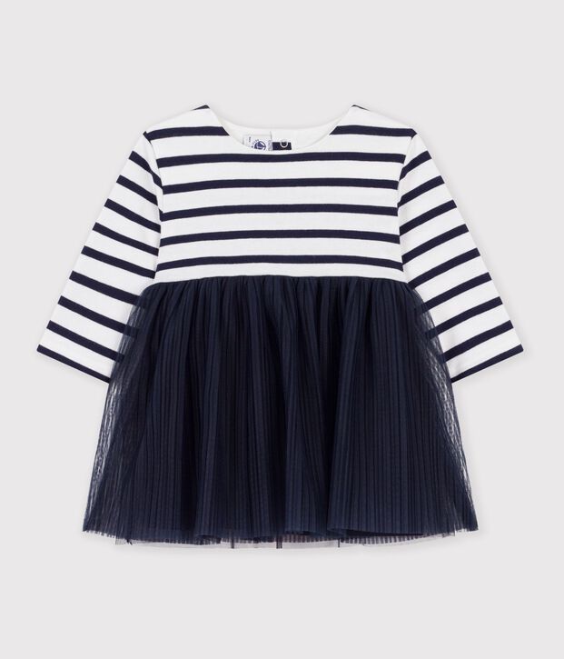 Babies' long-sleeved stripy dress in two materials white/multicolor