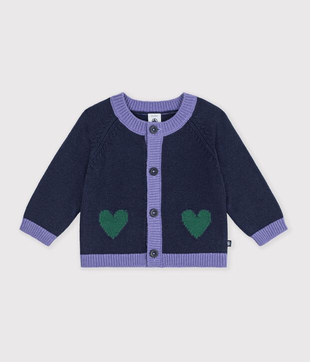 Babies' jaquard heart pattern cardigan knitted in wool and cotton blue/multicolor