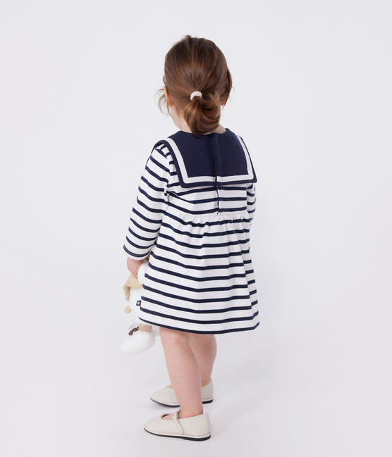 Babies' Breton stripe dress in thick cotton with long sleeves MARSHMALLOW white/SMOKING blue