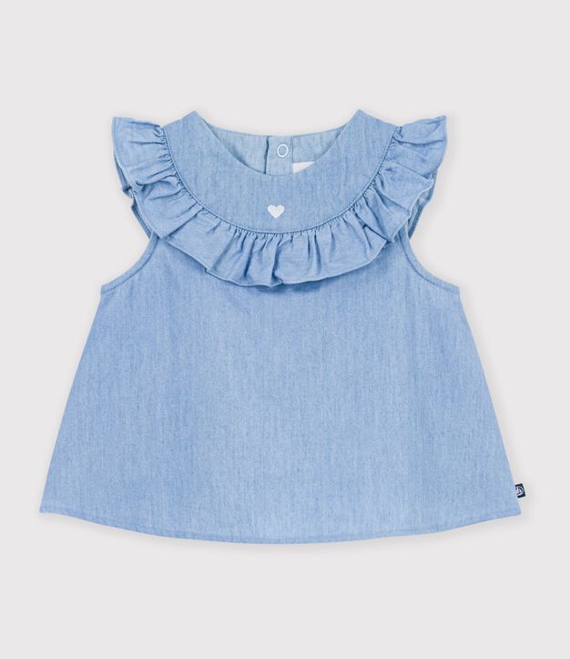 Babies' sleeveless blouse in embroidered cotton chambray blue